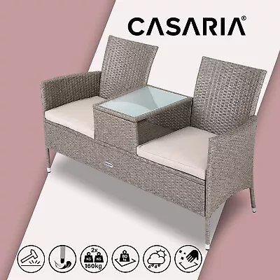 Rattan Garden Bench 2Seater Middle Table Weatherproof Love Seat 143cm Cream • £127.95