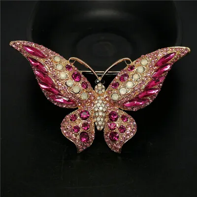 Lovely Rhinestone Pink Butterfly Crystal Fashion Women Charm Brooch Pin • $4.04