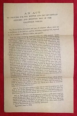 1884 An Act (muster Roll & Pay For Officers/enlisted Volunteer Forces) Document! • $19.99