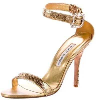Manolo Blahnik EUFIDABO Chaos Gold Sequin Crystal Sandals Shoes ($925) Sz 7 • $197