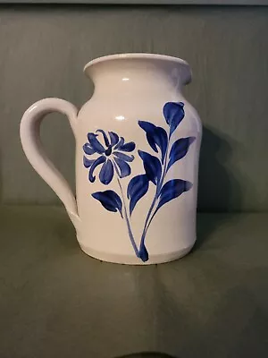 VINTAGE WILLIAMSBURG POTTERY SALT GLAZE PITCHER W/ BLUE FLOWER + LEAVES - 2000 • $24.95