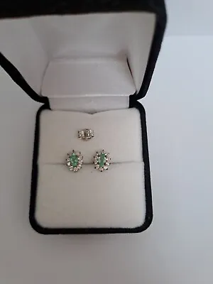Colombian Emerald & Zircon Earrings Gold Overlay Sterling Silver • £59.99