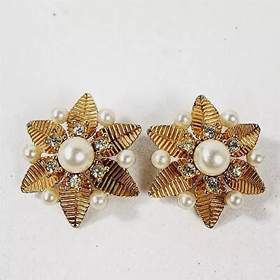 Vintage Marvella Signed Gold Tone Rhinestone Faux Pearl Clip On Earrings  • $19.95