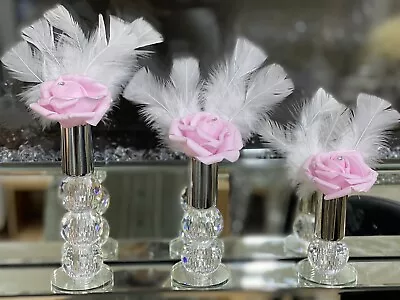 3pcs Crystal Ball Vase Candle Holder Romany Silver Pink Roses Feathers Italian • £24.99