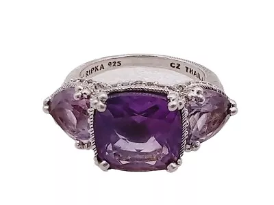 Judith Ripka 3 Stone Amethyst Sterling Silver Diamonique Ring Sz 9 • $95