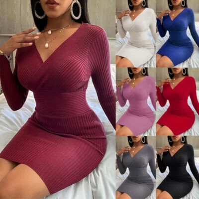 $21.11 • Buy Women Winter Knitted Sweater Bodycon Deep V Neck Long Sleeve Party Dress Solid