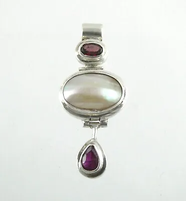 Sterling Silver Dual Pink Red Garnet And Mabe Pearl Pendant 925 5.9g 1.5 Inches • $38