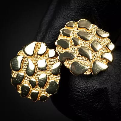$23.99 • Buy Round Large 14K Gold Plated 925 Sterling Vermeil Hip Hop Nugget Stud Earrings