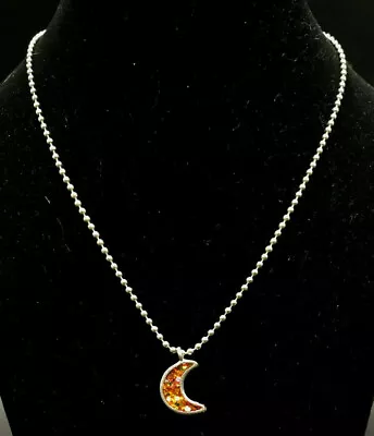 Vintage GLITTER RESIN WANING CRESCENT MOON 16  Ball Chain NECKLACE Pendant 1970s • $13.95