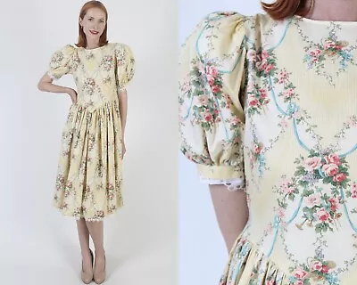 Vtg 70s Romantic Old Fashion Bouquet Dress Yellow Victorian Babydoll Antique • $69