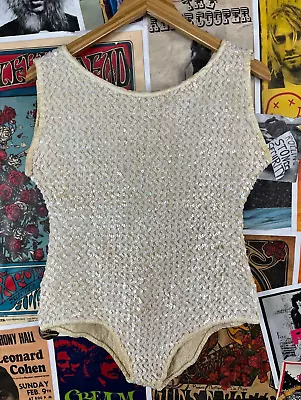 Vintage 70s Women's Cream Pearlescent Sequin Sleeveless Leotard Theatre • $23.95