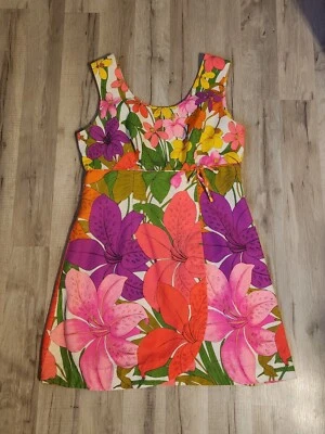 $99 • Buy Vintage 60s Penny's Hawaiian Barkcloth Mod Mini Gogo Dress Sz16 Faux Wrap