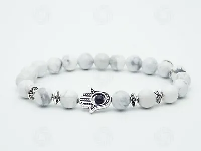 Silver Howlite Hamsa Bracelet Hamza Hand Fatima Gemstone Luck Evil Eye Gift UK • £5.99