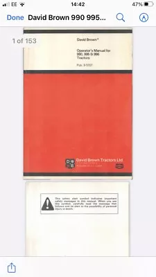 £12 • Buy David Brown Tractor 990 996 995 Operators Manual Pdf 153 Pages