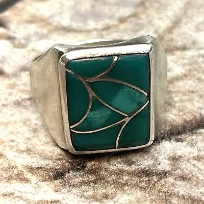 Vintage Men's Native American ELB Green Turquoise Inlay Ring Rectangular Size 10 • $69.99