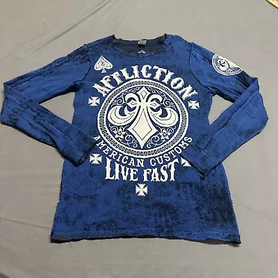 Affliction Thermal Shirt Mens Large Blue Long Sleeve Reversible MMA Y2K Grunge • $39.94