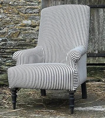 Hand Made Stunning French Armchair Louis Style In Black Cotton Stripe Ticking • £795