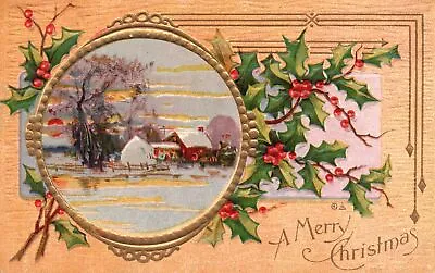 Vintage Postcard Merry Christmas Greetings Card! Winter Snow House Holly Berries • £8.68