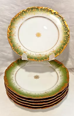 Rare Set 6 Ornate Green & Heavy Gold T&V Limoges Dinner Plates • $39