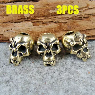 3pcs Solid Brass Skull Bracelet Necklace Beads Lanyard Bead Knife Paracord Beads • $11.99