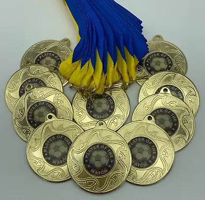 10 X Player Of The Match Medals + Yellow & Blue Ribbons Gold Football Medal • £14.50