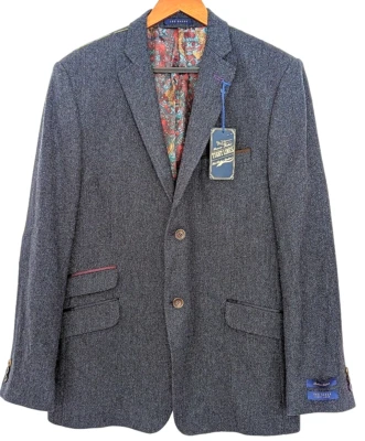 $162.29 • Buy Ted Baker Tight Lines Wool Jacket Sport Coat 44R Blue Gray Herringbone Lined NWT