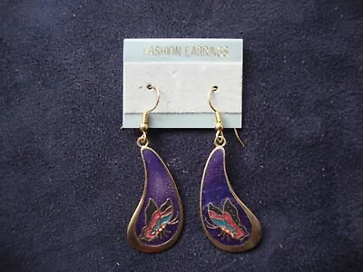 Vintage Genuine Cloisonne Colorful Butterfly Purple Teardrop Gold Tone Earrings • $3.99