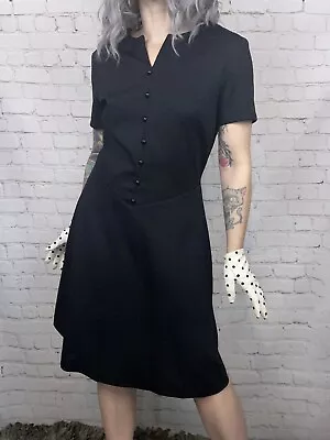 Vintage 60s Polyester Black Button Front A-line Waitress Dress Small Medium • $45