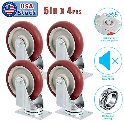 Heavy Duty 5inch Swivel Caster Wheels 360 Plate Polyurethane Wheels Pack • $11.98