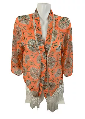 Miss Me Womens Orange Floral Fringe Kimono Top Blouse Size Small Style MDJ110L • $15.99