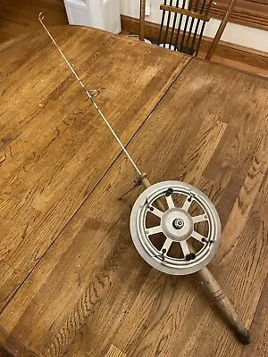 Ice Fishing Rod And Large Spool Reel Made In Wisconsin Vintage  Folding Stand • $29.95