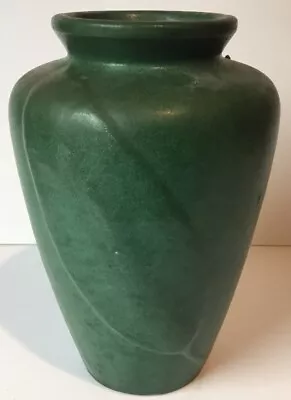Vintage Early Zanesville Pottery MATTE Dark GREEN VASE LEAF Pattern Design • $59.99