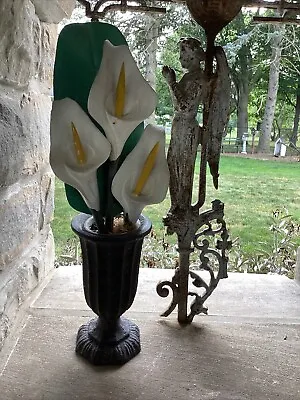 Antique Frech Cast Iron Urn Planter W/ Wooden Iris Flower Frog Primitive Lovely  • $149.99