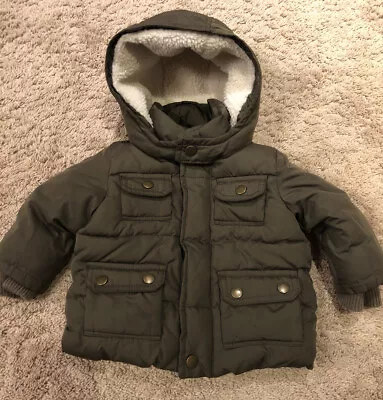 Baby Gap 6-12 Months Army Brown Green Jacket Coat Sherpa Hood Utility Puffer • $9