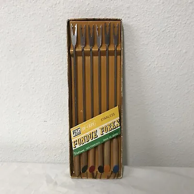 $12 • Buy Vintage Deluxe Fondue Forks Set Of Six Stainless Color Coded Wood Handles 