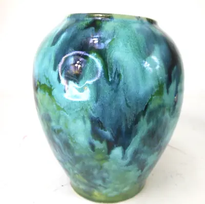 Vintage 1930 Brush McCoy Art Pottery Vase Mottled Green Drip Glaze • $16.44