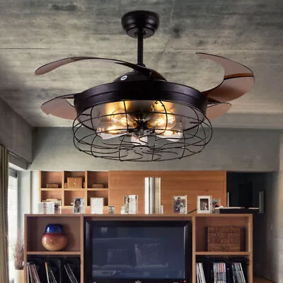 36 /42  Ceiling Fan With Light Industrial Retractable Blades Vintage Cage Remote • $68.59