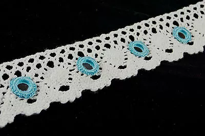 10 Metres × 50mm White Crochet Lace Trim With Blue Gypsy Mirror Sequin Appliques • £10