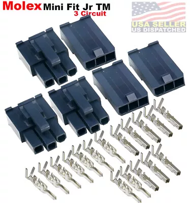 (3-Set) Molex 3-Pin Black Connector  W/18-24 AWG Mini-Fit Jr GLOW WIRE CAPABLE • $11.02