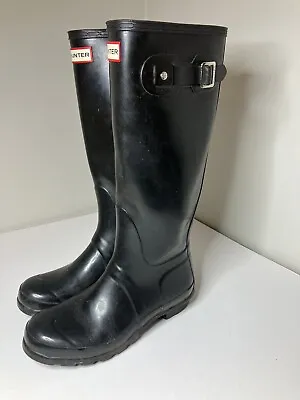 Hunter Boots Women's Original Tall Rain Size 7 Black Glossy • $16