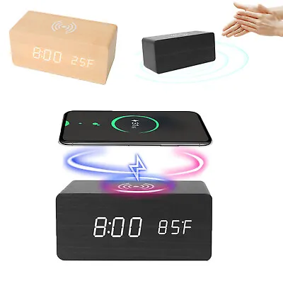 Wood Digital LED Desk Alarm Clock Voice Control Thermometer Wireless Charger • $22.06