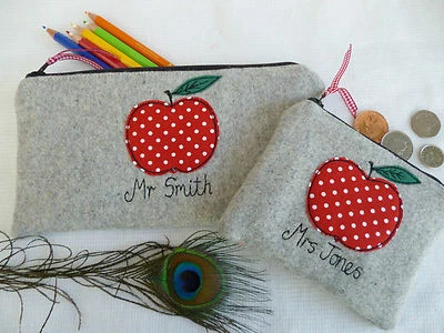 £15.49 • Buy Personalised Teacher Purse Or Pencil Case, Apple On Grey Wool Choice Of Wording