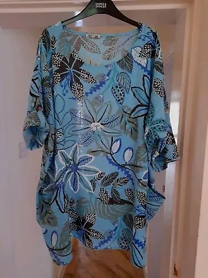 Made In Italy Blue Flower Print Cotton Summer Pocket Tunic Top Fit Size 20 22 24 • £8.99