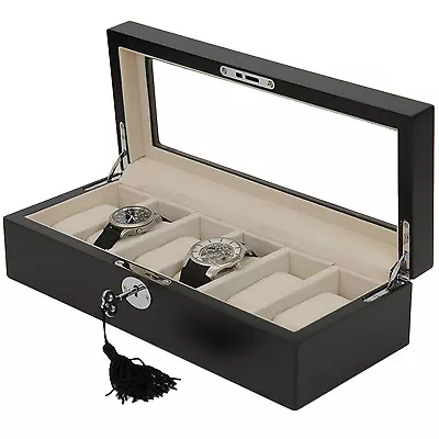 Watch Box Storage Case With 6 Slots Wood Black Finish Display Window Lock Key • $34.95