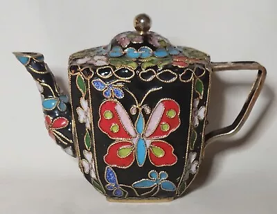 Mini Gold Outlined Black Teapot Butterflies And Floral Design • $28.25