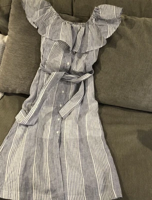 $49 • Buy Kookai Stripe Blue White Linen Ruffle Summer Dress Size 36 (8) Like New