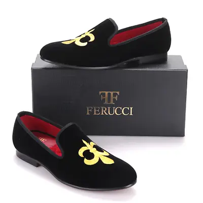 Handmade FERUCCI Men Black Velvet Slippers Loafers With Gold Fleur De Lys • $112.49
