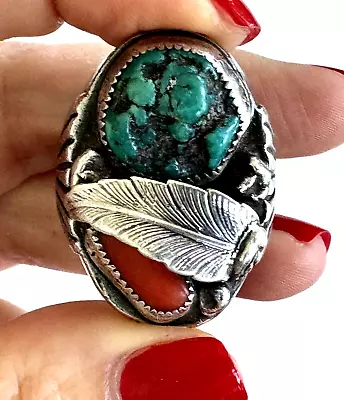 Native American Turquoise Red Coral Men's Ring 26gr Feather Sterling Size 12.5 • $245