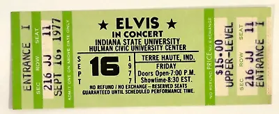 Elvis Presley ~ Unused Concert Ticket ~ Hulman Civic Center ~ Sept. 16 1977 • $254.66