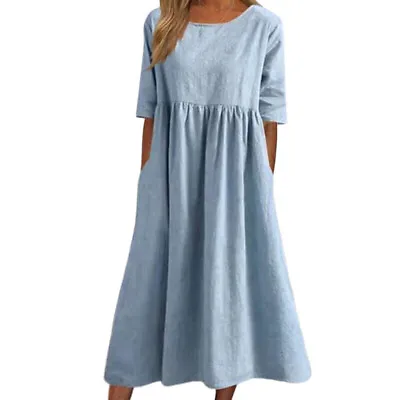 Womens Short Sleeve Pleated Midi Dress Ladies Casual Baggy Solid Swing Dresses • £12.03